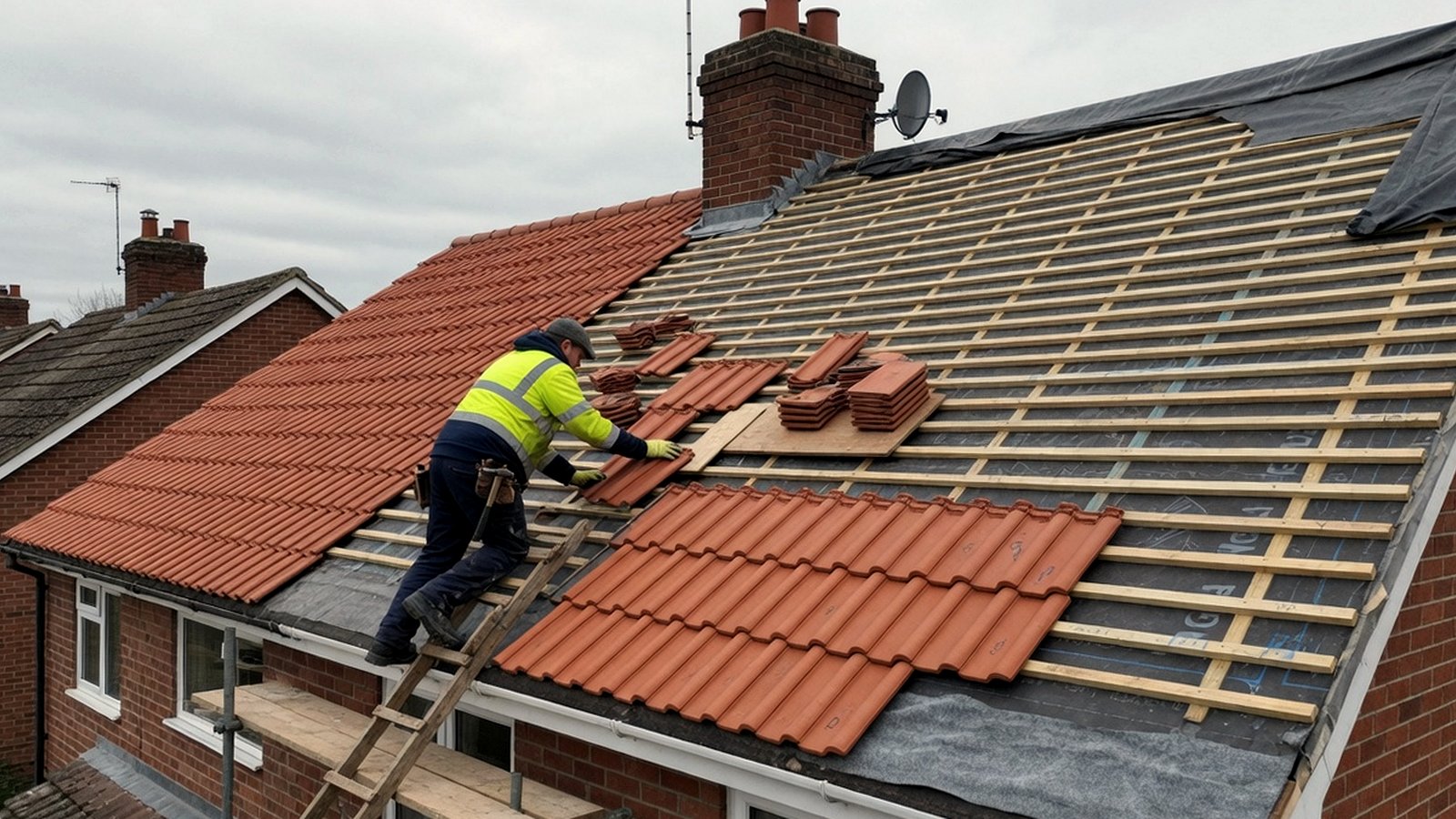 Roofer laying new clay pantiles on a brick house, battens and underlay still open on the slope