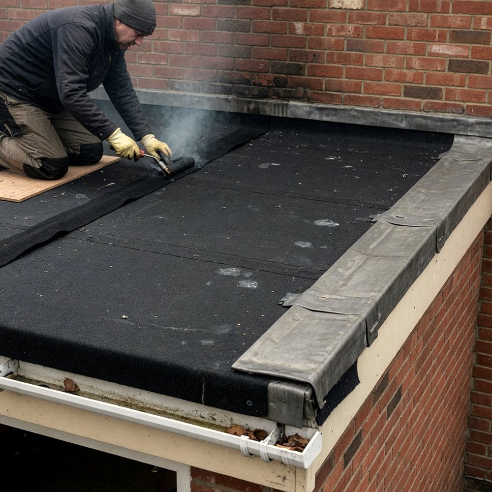 Roofer sealing a mineral felt flat roof against a brick wall