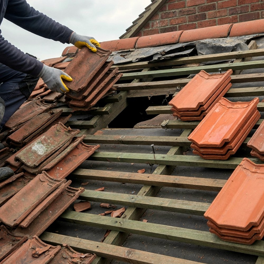Roofer lifting clay tiles and stacking new ones on open timber battens
